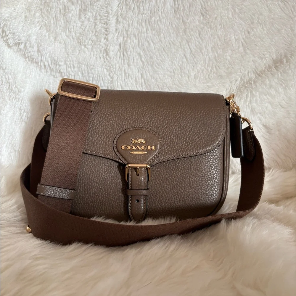 Coach Taupe Pebbled Leather Flap Crossbody with Gold Hardware